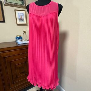 Maeve Anthropologie Fuchsia Pleated Midi Dress Orange Ruffle Hem NWT